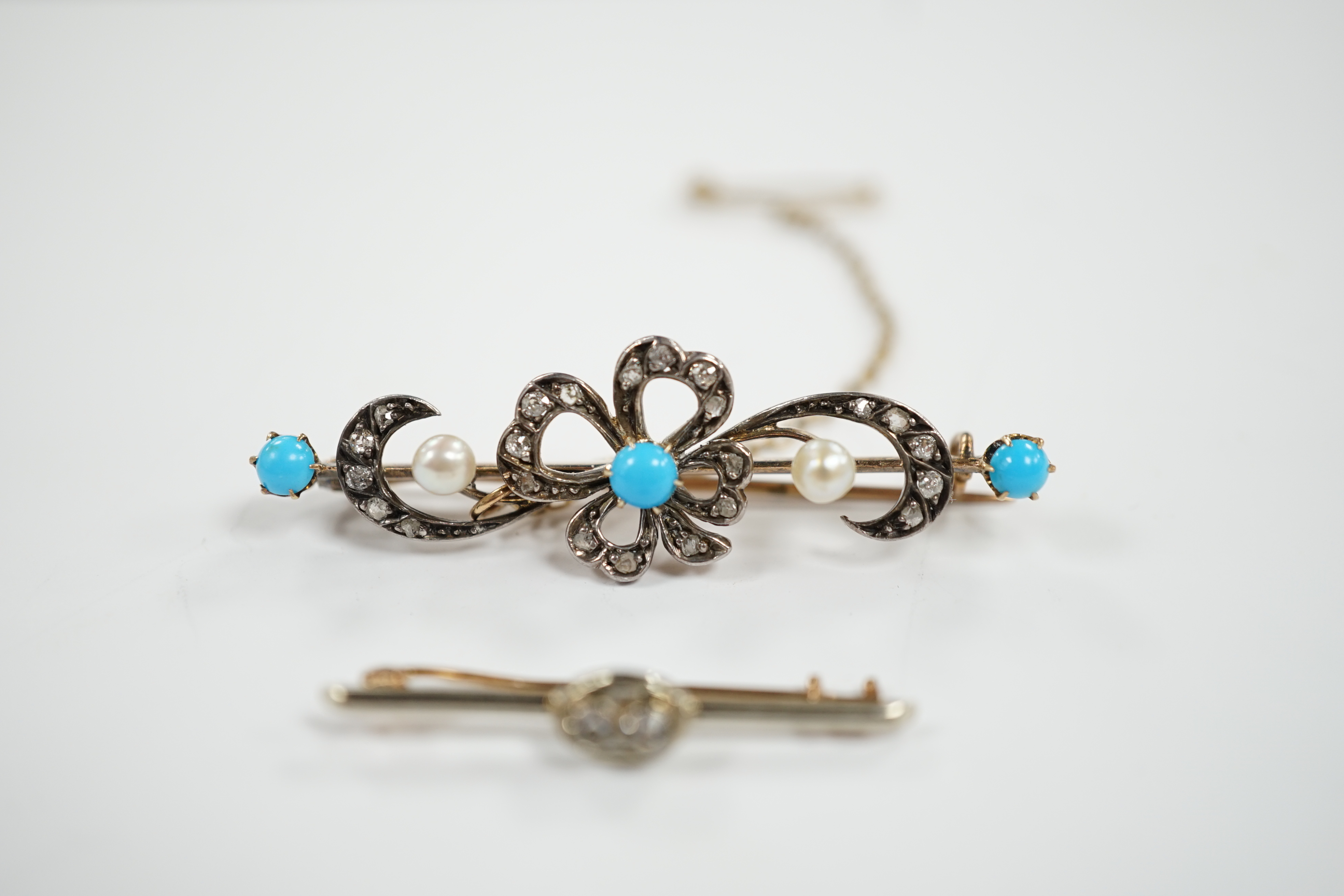 A Victorian yellow metal turquoise and rose cut diamond set bar brooch, 47mm and a simulated diamond set bar brooch.